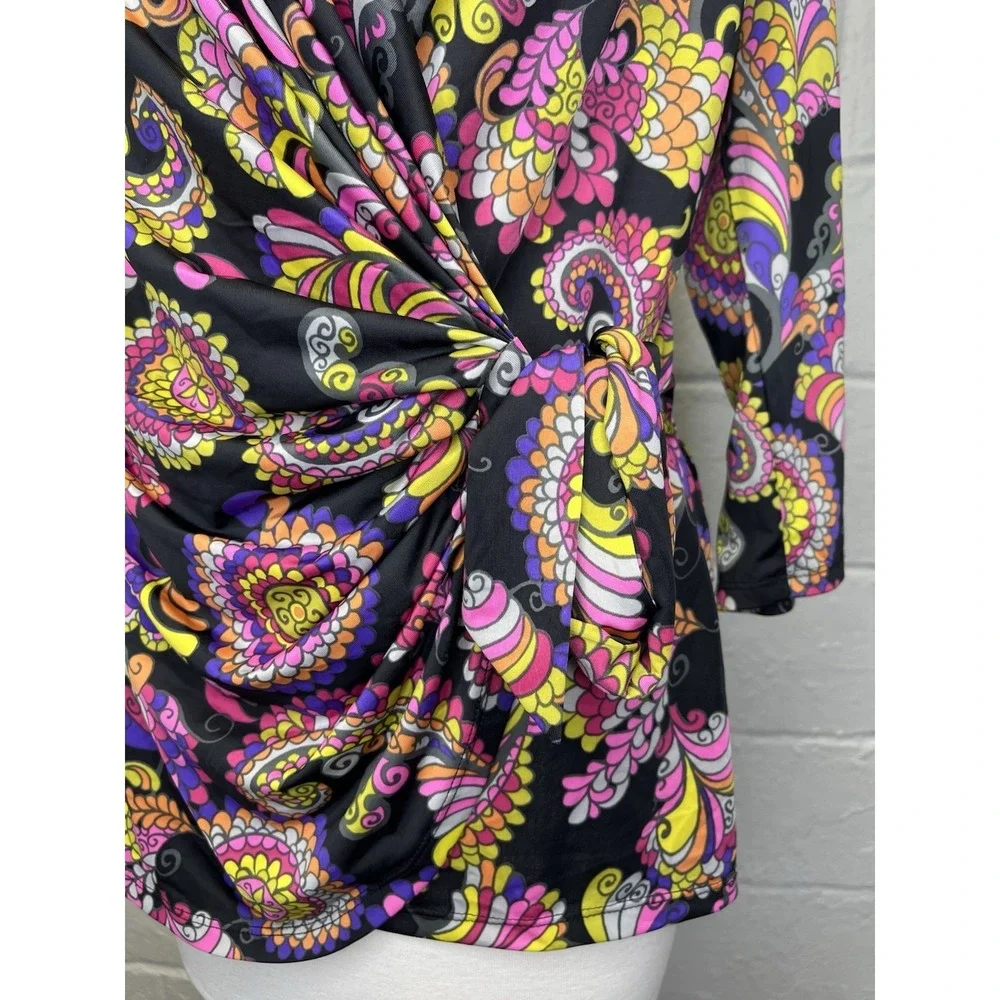 Carmen Marc Valvo Y2K Paisley Retro Wrap Top Large Pink Purple Black Slinky - Picture 3 of 9